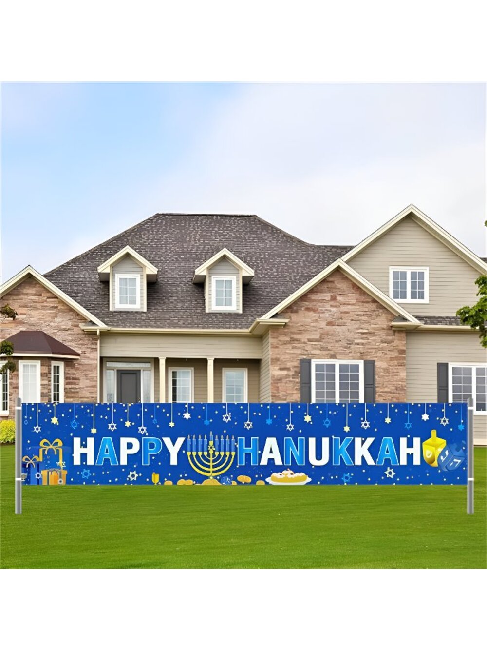 Happy Hanukkah Banner, Large 98" X 18" Blue Chanukah Banner Party Decor